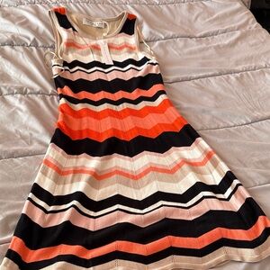 Trina Turk Chevron Knit Dress in Orange, Black, and Cream. NWT. Size Small